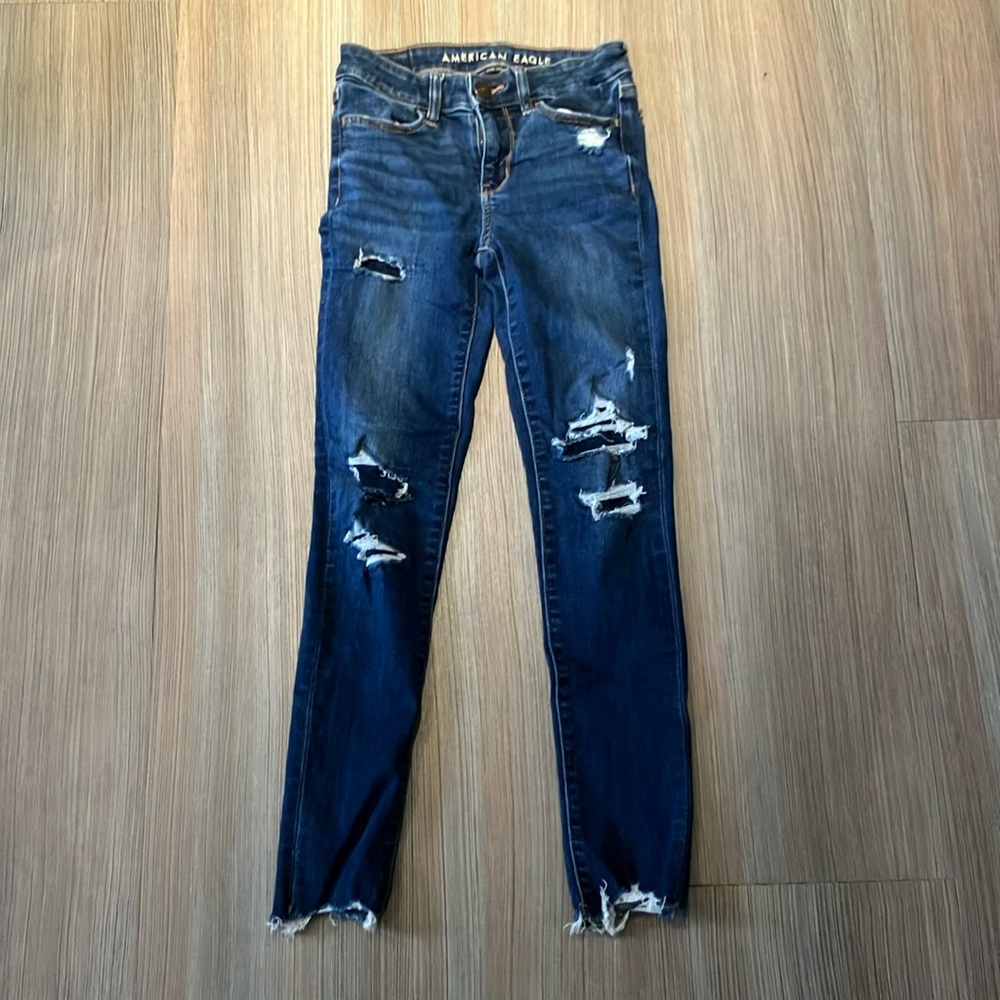 American Eagle Outfitters Blue Skinny Jeans with Distressed Details